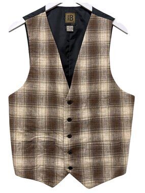 BRUNO B Mens Vest Linen Blend Size Medium Vintage Brown Plaid Designed Italy